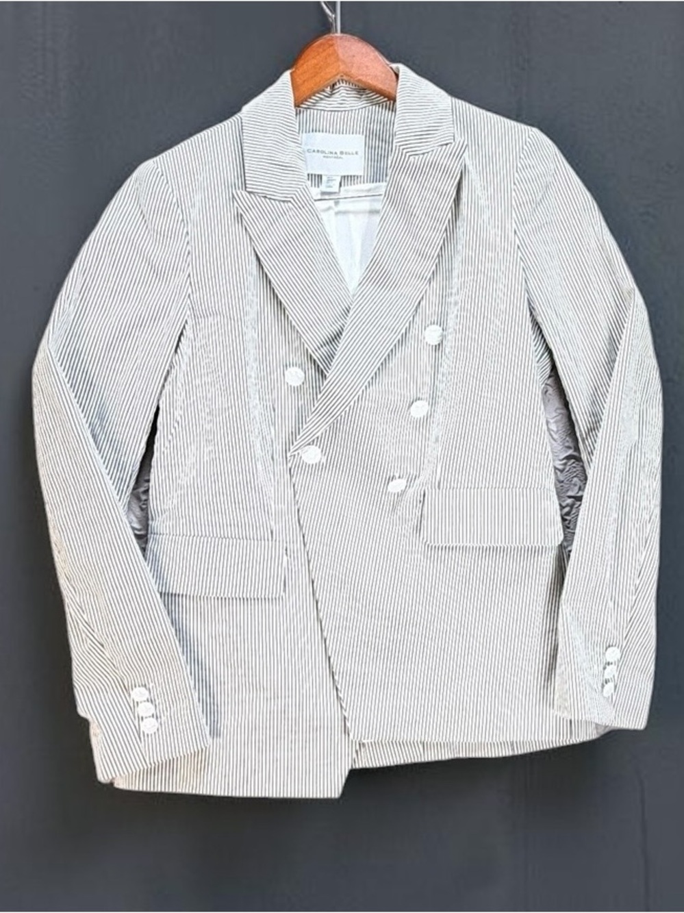 Carolina’s Belle Montreal Womens Medium Seersucker Striped Double Breasted Blaze